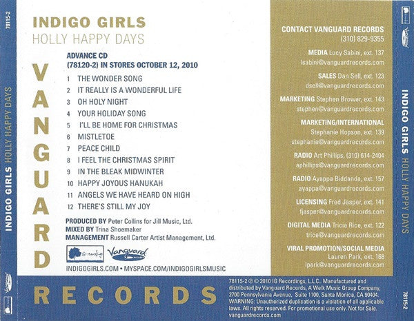 Indigo Girls : Holly Happy Days (CD, Album, Promo)