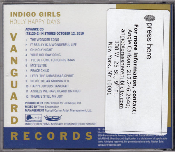 Indigo Girls : Holly Happy Days (CD, Album, Promo)