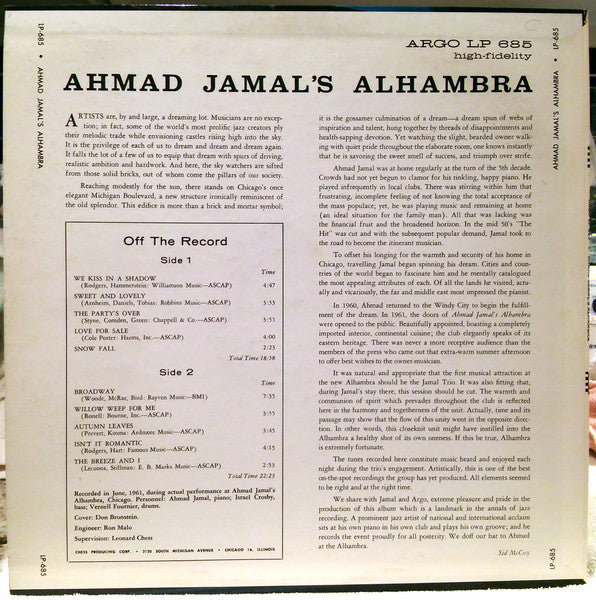 Ahmad Jamal : Ahmad Jamal's Alhambra (LP, Album, Mono)