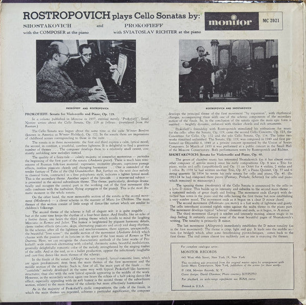 Prokofieff*, Shostakovich* - Mstislav Rostropovich, Sviatoslav Richter : Mstislav Rostropovich Plays Cello Sonatas By Prokofieff With Sviatoslav Richter At The Piano; And Shostakovich With The Composer At The Piano (LP, Mono)
