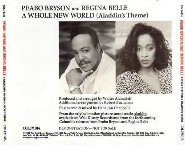 Peabo Bryson And Regina Belle : A Whole New World (Aladdin's Theme) (CD, Promo)
