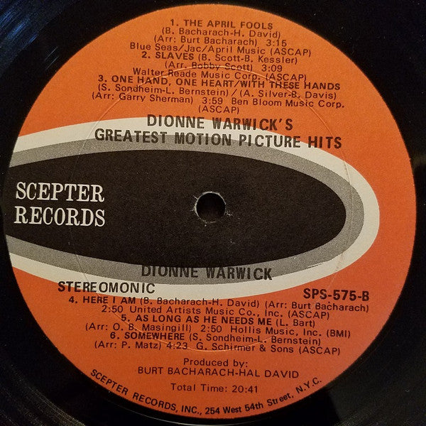Dionne Warwick : Dionne Warwick's Greatest Motion Picture Hits (LP, Album, Comp, Uni)