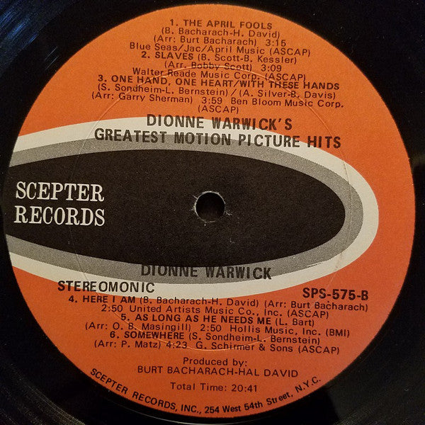 Dionne Warwick : Dionne Warwick's Greatest Motion Picture Hits (LP, Album, Comp, Uni)