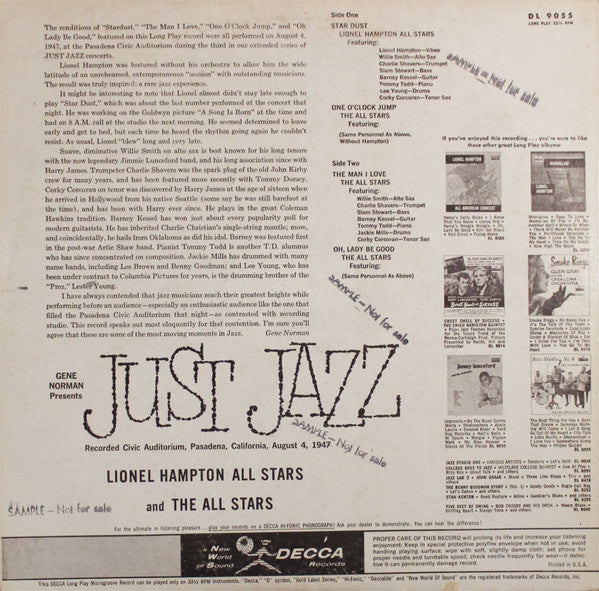 Lionel Hampton All Stars And The All Stars (7) : Gene Norman Presents "Just Jazz" (LP, Album, Mono)