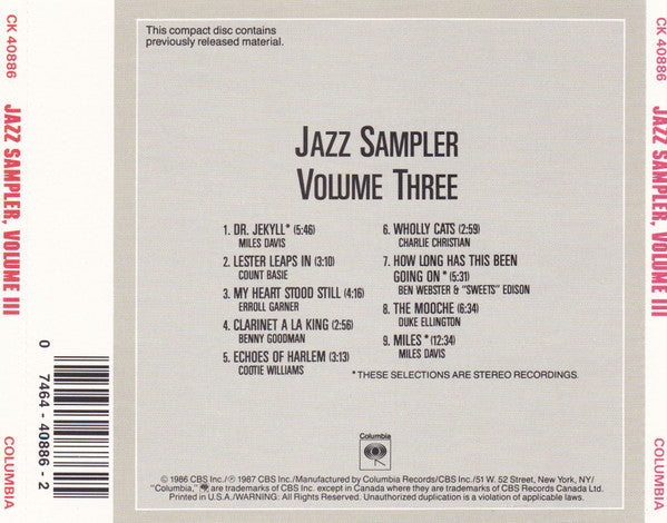 Various : Columbia Jazz Masterpieces Sampler Volume III (CD, Comp, RM)