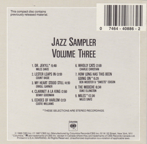 Various : Columbia Jazz Masterpieces Sampler Volume III (CD, Comp, RM)