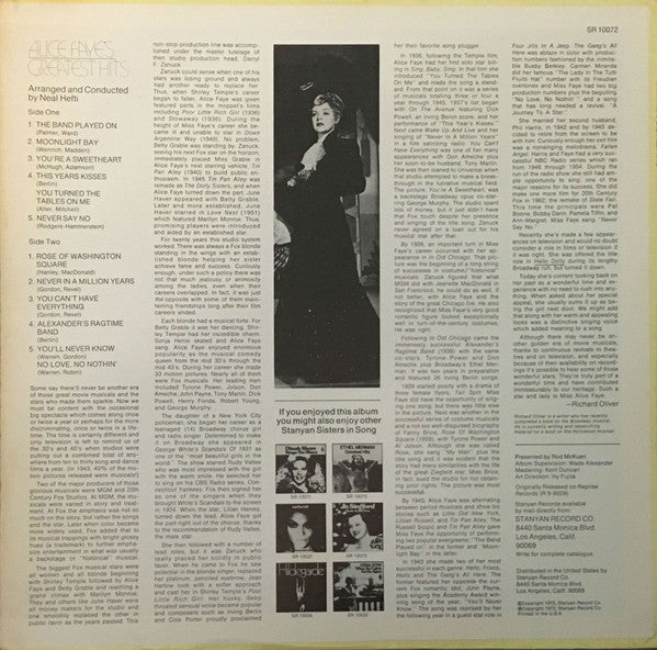 Alice Faye : Alice Faye's Greatest  Hits (LP, Album)