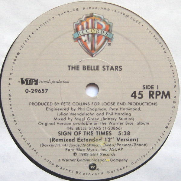The Belle Stars : Sign Of The Times (Remixed Extended 12" Version) (12", Maxi, All)