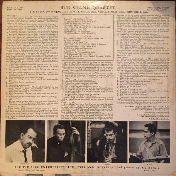 The Bud Shank Quartet* Featuring Claude Williamson : Bud Shank (LP, Album, Mono)