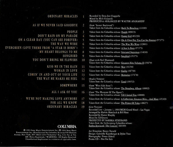 Barbra Streisand : Ordinary Miracles Tour CD 1994 (CD, Comp, Promo)