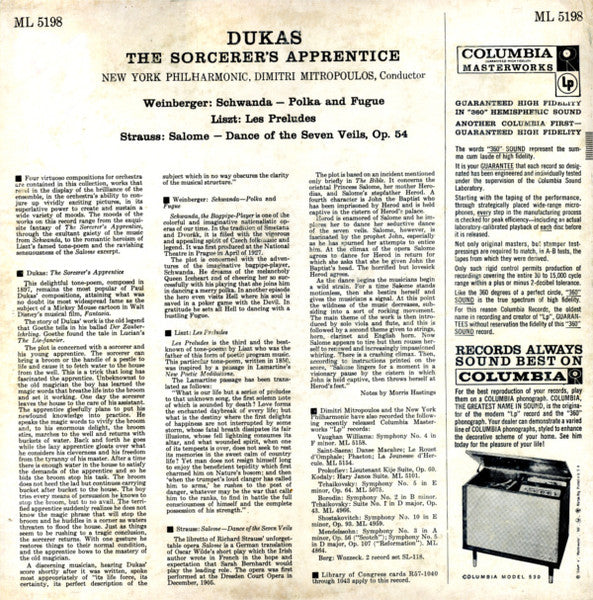 Paul Dukas : New York Philharmonic, Dimitri Mitropoulos : The Sorcerer's Apprentice (LP, Album, Mono)