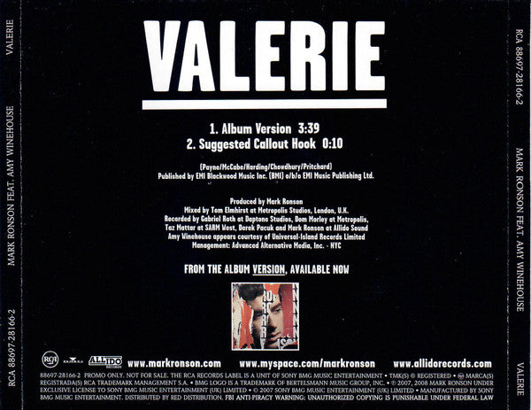 Mark Ronson Featuring Amy Winehouse : Valerie (CD, Single, Promo)