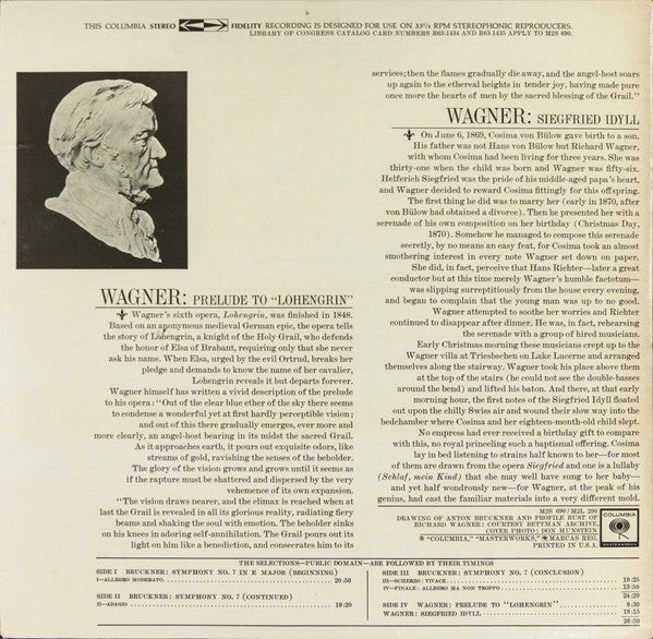 Anton Bruckner / Richard Wagner, Bruno Walter Conducts Columbia Symphony Orchestra : Symphony No. 7 In E Major (Original Version) / Siegfried Idyll; Prelude To "Lohengrin" (2xLP, Album, Gat)