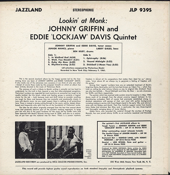The Eddie Davis-Johnny Griffin Quintet : Lookin' At Monk (LP, Album, RE)