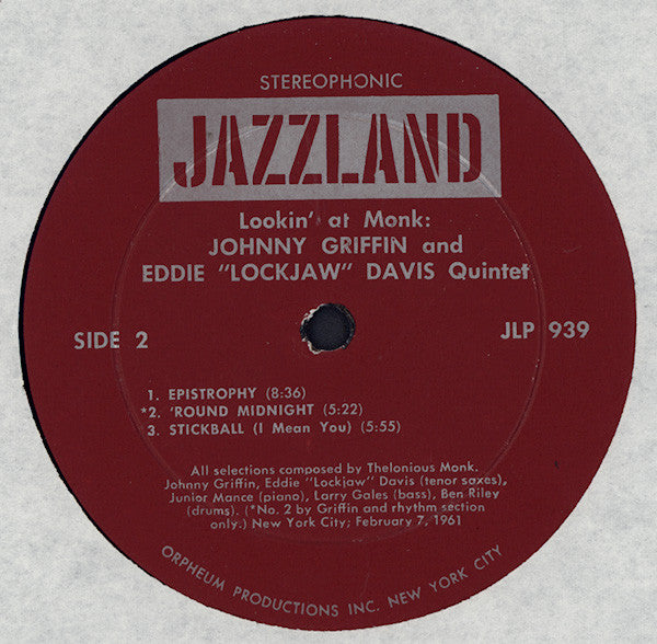 The Eddie Davis-Johnny Griffin Quintet : Lookin' At Monk (LP, Album, RE)