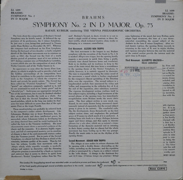 Johannes Brahms, Rafael Kubelik Conducting Wiener Philharmoniker : Symphony No. 2 In D Major (Opus 73) (LP)