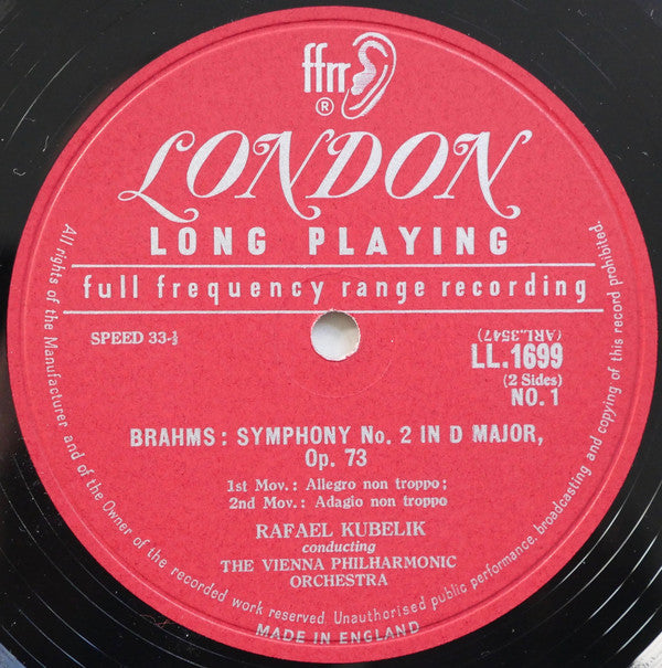 Johannes Brahms, Rafael Kubelik Conducting Wiener Philharmoniker : Symphony No. 2 In D Major (Opus 73) (LP)