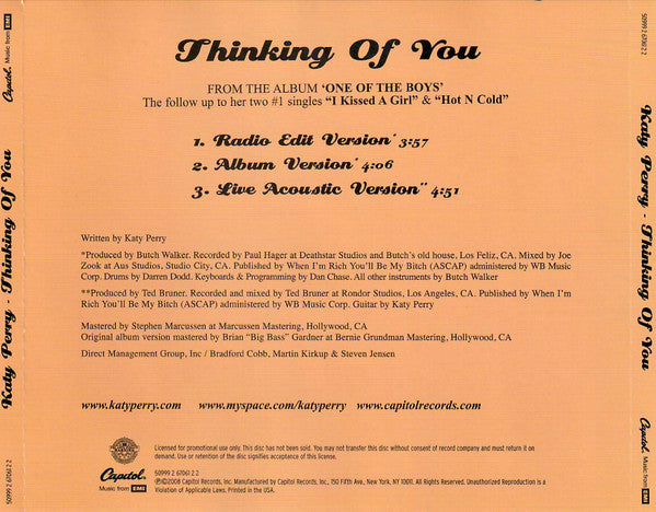 Katy Perry : Thinking Of You (CD, Single, Promo, Jew)