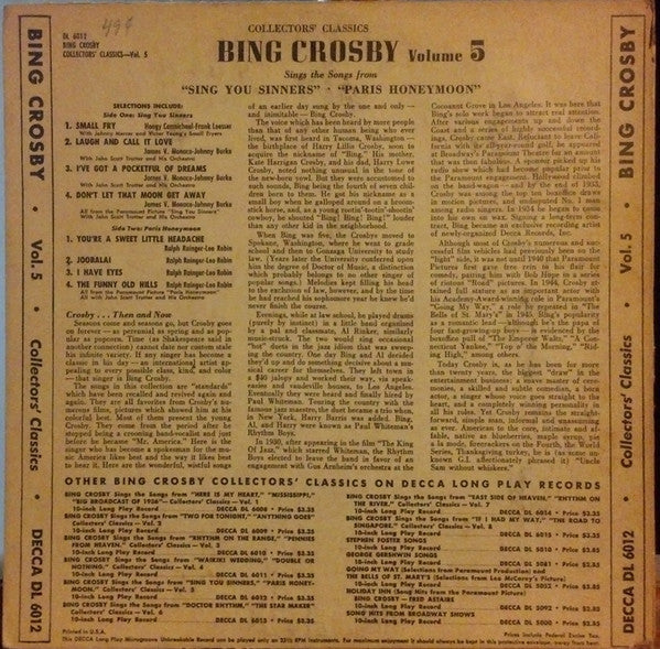 Bing Crosby : Collectors' Classics Volume 5: Sings The Songs From "Sing You Sinners" And "Paris Honeymoon" (10", Comp, Mono)