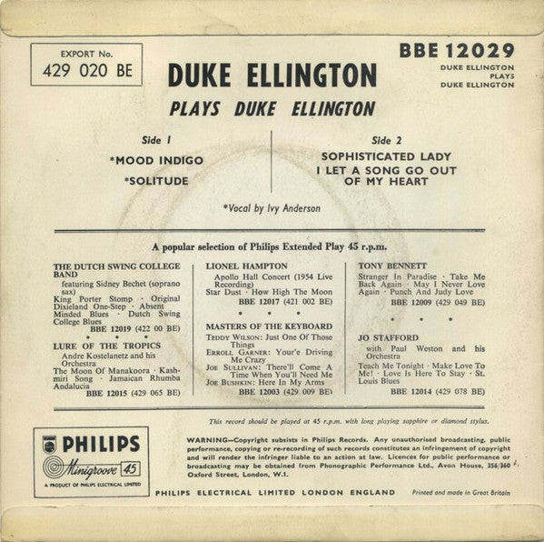 Duke Ellington : Duke Ellington Plays Duke Ellington (7", EP, Mono)
