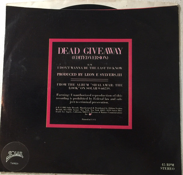 Shalamar : Dead Giveaway (7", Single, SP )