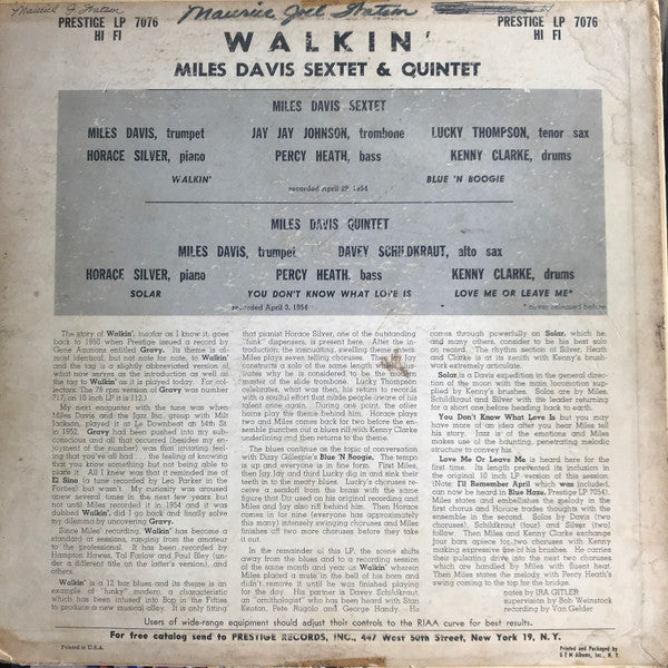 Miles Davis All Stars : Walkin' (LP, Album, Comp, Mono)
