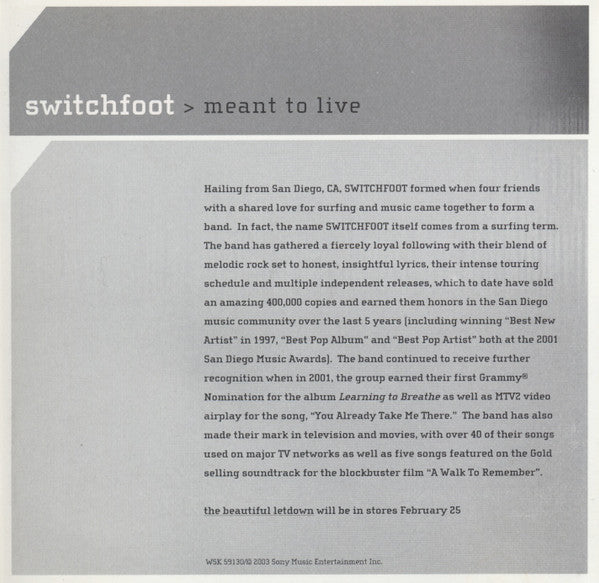 Switchfoot : Meant To Live (CD, Single)