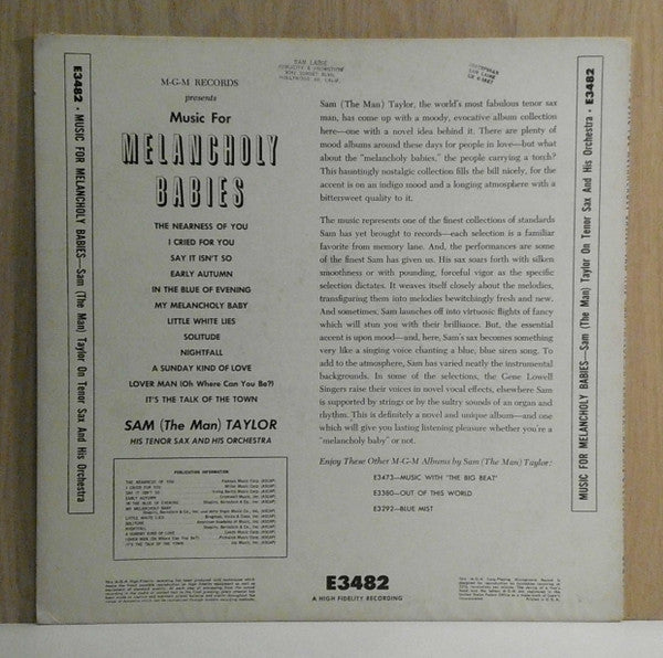 Sam Taylor And His Orchestra : Music For Melancholy Babies (LP, Mono)