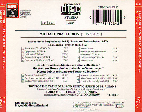 Michael Praetorius, The Early Music Consort Of London, David Munrow : Terpsichore 1612: Dances/Tänze - Motets/Motetten - Musae Sioniae (CD, RE)