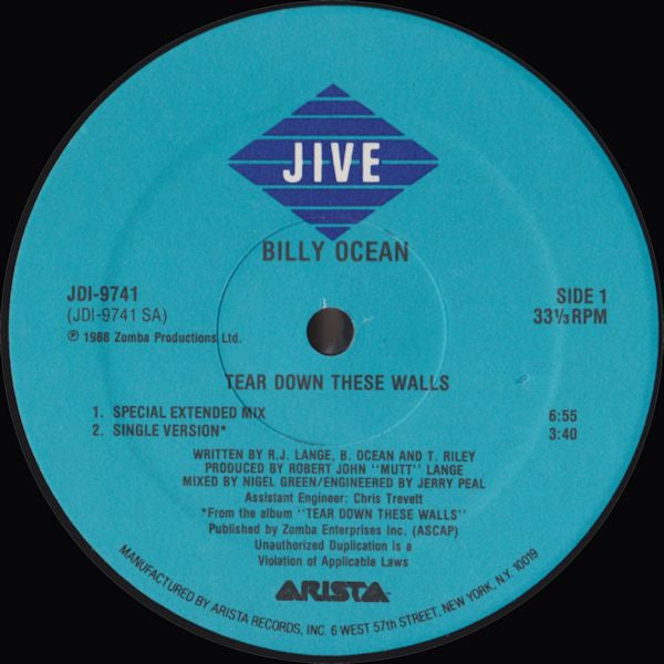 Billy Ocean : Tear Down These Walls (12", Single, Promo)