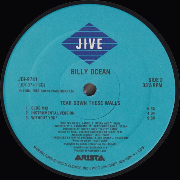 Billy Ocean : Tear Down These Walls (12", Single, Promo)