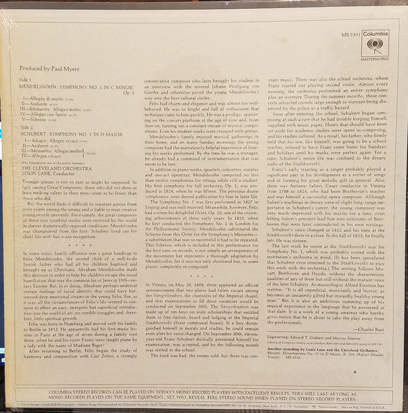 The Cleveland Orchestra, Franz Schubert, Felix Mendelssohn-Bartholdy : Schubert Symphony No. 1 / Mendelssohn Symphony No. 1 (LP, Album)