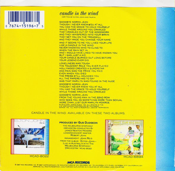 Elton John : Candle In The Wind (7", Single, Yel)