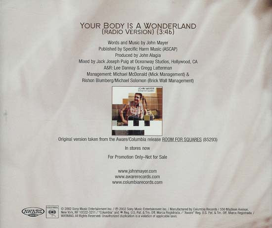 John Mayer : Your Body Is A Wonderland (CD, Single, Promo)