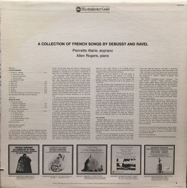 Claude Debussy, Maurice Ravel, Pierrette Alarie, Allen Rogers : Collection Of French Songs By Debussy And Ravel (LP, Comp, Mono, RE)