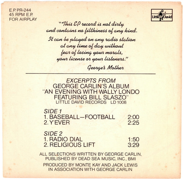 George Carlin : An Evening With Wally Londo Featuring Bill Slaszo (7", EP, Promo)
