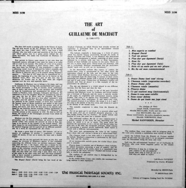 Ars Antiqua De Paris, Michel Sanvoisin : The Art of Guillaume de Machaut (LP, RE)