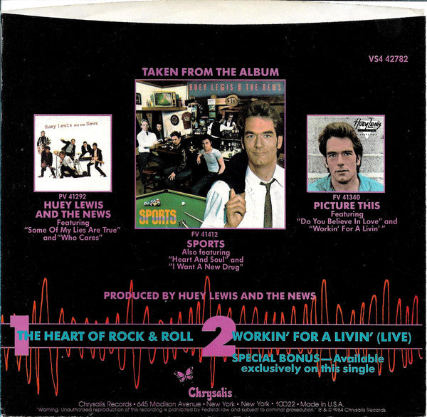 Huey Lewis And The News* : The Heart Of Rock & Roll (7", Single, Styrene, Pit)