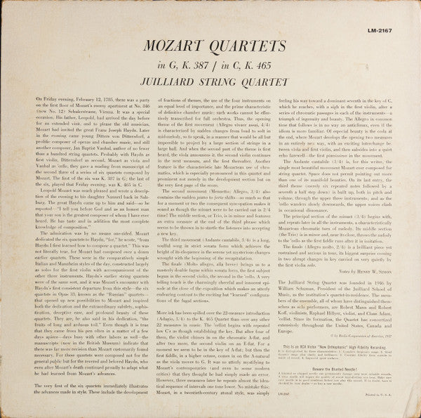 Juilliard String Quartet - Wolfgang Amadeus Mozart : Quartets In G, K. 387 / In C, K. 465 (LP, Album, Mono)