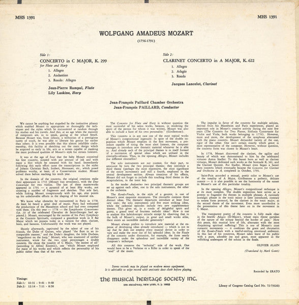 Wolfgang Amadeus Mozart - Jean-Pierre Rampal & Lily Laskine, Jacques Lancelot, Orchestre De Chambre Jean-François Paillard : Concerto in C Major, K. 299 for Flute & Harp, Clarinet Concerto in A Major, K. 622 (LP, RE)