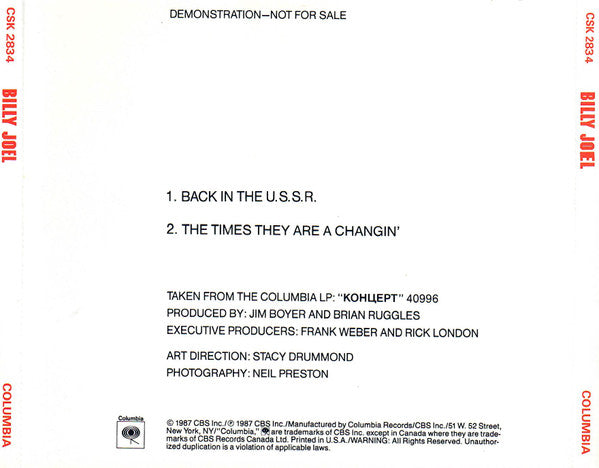 Billy Joel : Back In The U.S.S.R. / The Times They Are A Changin’ (CD, Single, Promo)
