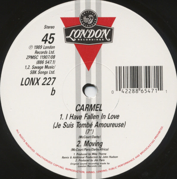 Carmel (2) : I Have Fallen In Love (Je Suis Tombée Amoureuse) / Moving (12")