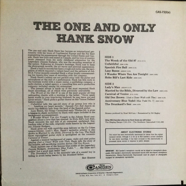 Hank Snow : The One And Only Hank Snow (LP, Album, RE, Ind)