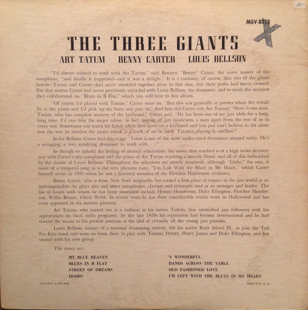 Art Tatum, Benny Carter, Louis Bellson : The Three Giants (LP, Album, Mono, RE)