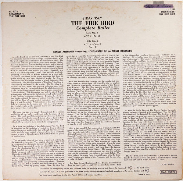 Igor Stravinsky, Ernest Ansermet Conducting L'Orchestre De La Suisse Romande : The Fire Bird (LP, Mono)