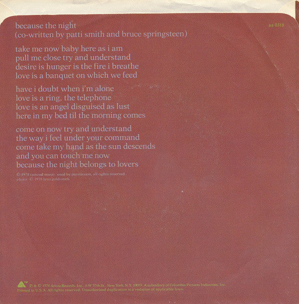 Patti Smith Group : Because The Night (7", Single, Ter)