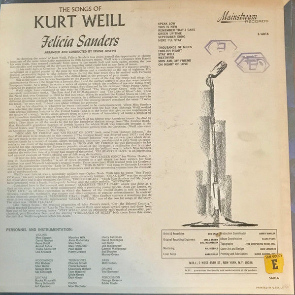 Felicia Sanders : The Songs Of Kurt Weill (LP, Album)