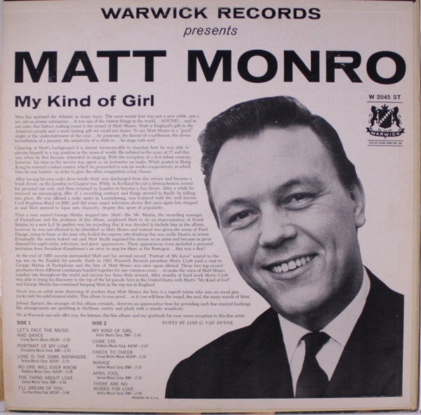 Matt Monro : My Kind Of Girl (LP, Album, Mono)