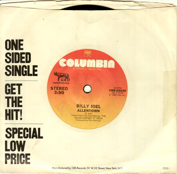 Billy Joel : Allentown (7", S/Sided, Single, Styrene, Pit)