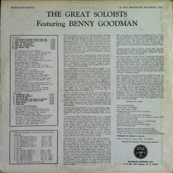 Benny Goodman : The Great Soloists 1929-33 Featuring Benny Goodman (LP, Comp)